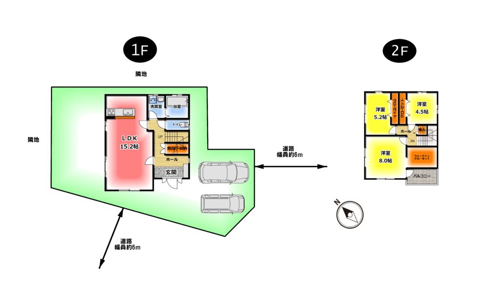 前面道路6mの角地です♪玄関向かって右側が駐車場、左側はお庭ですが、車も停められます♪(間取) 前面道路6mの角地です♪玄関向かって右側が駐車場、左側はお庭ですが、車も停められます♪(間取)